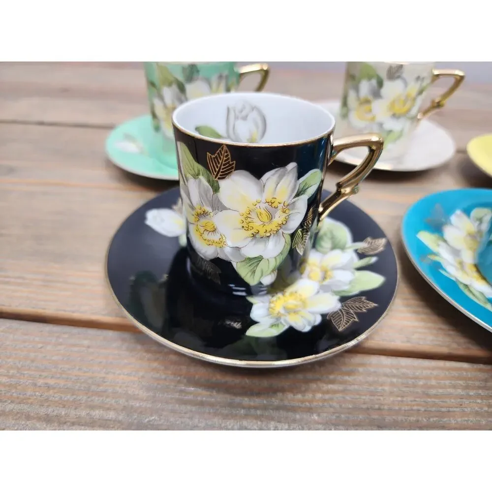 Victorian Porcelain Tea Espresso Cups Saucers Floral Gold Accent Arnalt Creation
